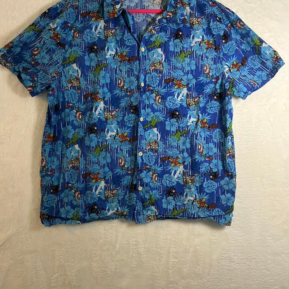Marvel Avengers Shirt Mens XXL Blue Tropical‎ Floral Hawaiian Button Down Cotton